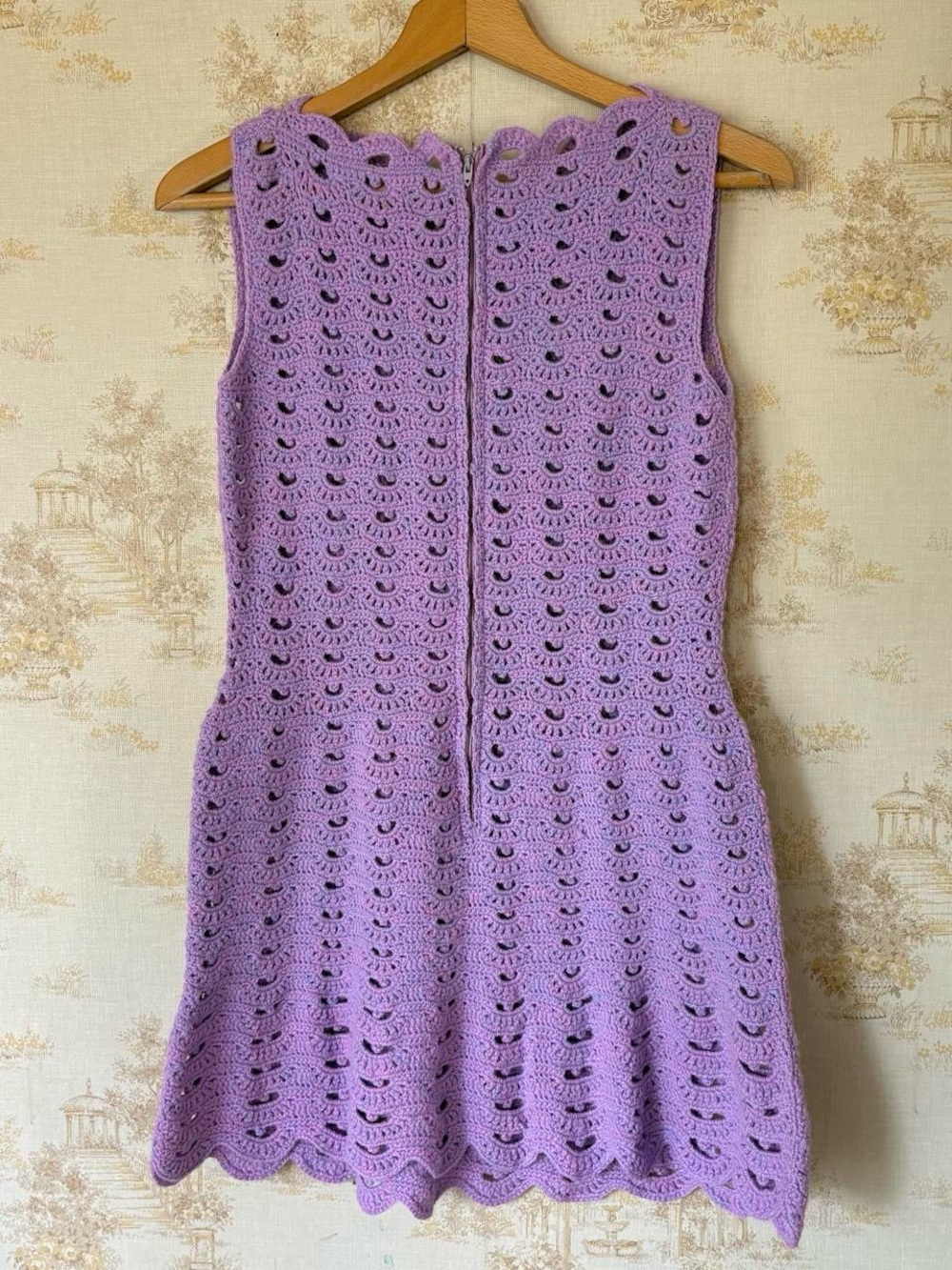 Vintage 60s 70s Purple Crochet Knit Mini Handmade Dress Retro Boho Mod - Picture 7 of 7